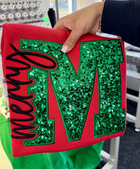 Merry Christmas Sequin Monogram Sweatshirt | Embroidered Holiday Crewneck | Green Sequin Letter Sweatshirt