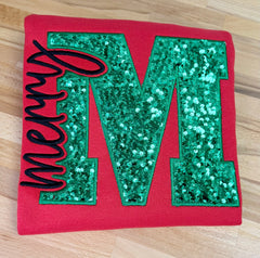 Merry Christmas Sequin Monogram Sweatshirt | Embroidered Holiday Crewneck | Green Sequin Letter Sweatshirt