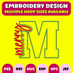 Merry Christmas M Knockout Letter Embroidery Design | Christmas Monogram Embroidery File | Multiple Hoop Sizes